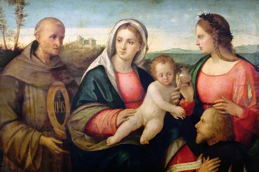 Sacra Conversazione: St. Bernardino und eine weibliche Heilige präsentieren einen Stifter, ca. 1525