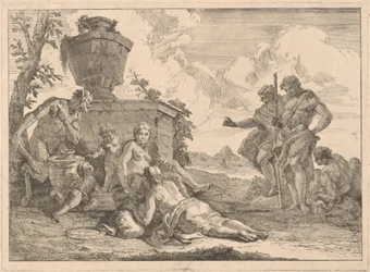 Ein Satyr mit einem Stab und sieben weiteren Figuren