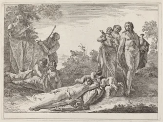 Apollo und Nymphen in einer Landschaft mit einer Büste des Pan