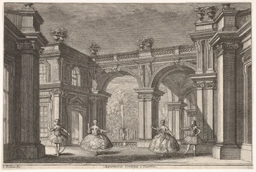 Zwei Damen und zwei Herren tanzen in einer prunkvollen architektonischen Umgebung, ein Brunnen..., 1765