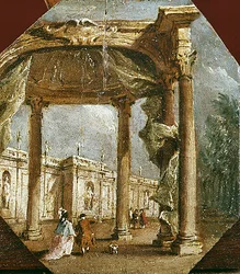 Capriccio einer Ruine mit einem eleganten Paar und einem Hund