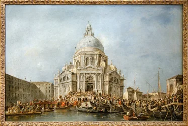 Der Doge von Venedig geht zur Salute von Venedig, jedes Jahr am 21. November ging der Doge zur Basilika Santa Maria della Salute, die als Dank für das Ende der Pest von 1630 errichtet wurde, um der Jungfrau für diese Befreiung zu danken, eine Bootsbrücke
