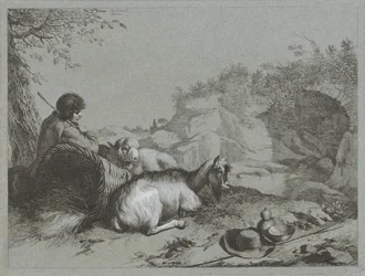 Hirte mit Schaf und Ziege