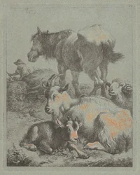 Pferd, Widder, Ziege mit Kitz, im Hintergrund ein Hirte mit Herde