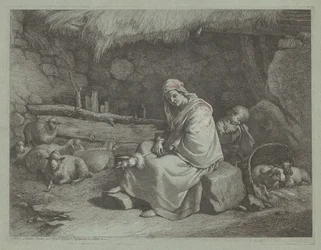 Innenraum eines Stalls mit sitzender Spinnerin und schlafendem Kind, 1759-1782