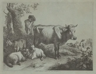 Stehende Kuh und ein Hirtenjunge mit Herde