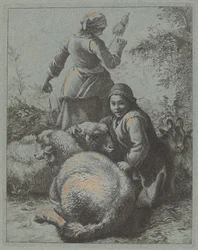 Spinnerin und ein Hirte mit Herde