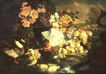 Stillleben mit Früchten und Blumen mit Ente, Erpel und Entenküken