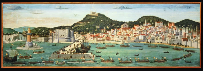 Tavola Strozzi, die die Uferpromenade von Neapel und die Rückkehr der aragonesischen Flotte von der Schlacht von Ischia darstellt