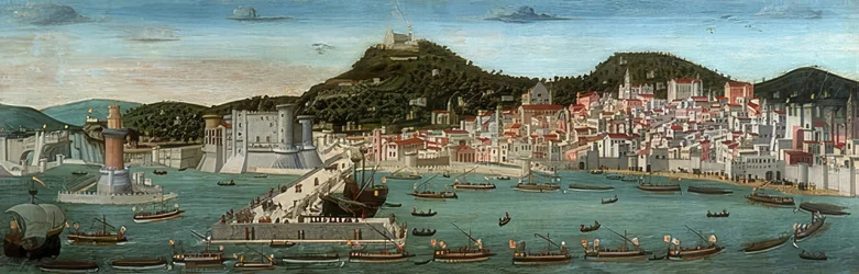 Tavola Strozzi. Ansicht von Neapel, die Flotte der Aragonier fährt am 12. Juli 1465 in den Hafen ein
