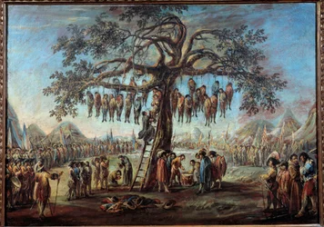 Der Galgenbaum. Ein makabres Schauspiel, das Verurteilte auf dem Weg zur Hinrichtung durch Erhängen an den Ästen eines Baumes zeigt. Illustration nach einem Stich aus der Serie „Les misères de la guerre“ von Jacques Callot (1592-1635).