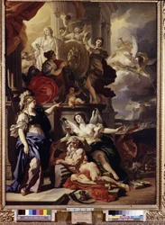 Allegorie der Herrschaft. Das Medaillon in der Mitte zeigt das Gesicht der Königin Katharina II. von Russland (1729-1796). Gemälde von Francesco Solimena (1657-1747). Öl auf Leinwand