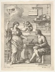 Ein Affe arbeitet mit einem Mörser und Stößel, unten Lorenzo Lippi schreibt seinen humorvollen ..., ca. 1710-64