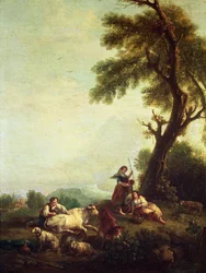 Landschaft mit Bauern, die eine Rinderherde beobachten