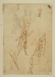 Figurenstudien. Feder und braune Tinte, Metallfeder, rosa Papier