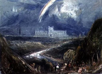 Ansicht von einem Hügel auf eine entfernte Stadt und Kathedrale (wahrscheinlich Exeter) mit einem Fluss im Vordergrund