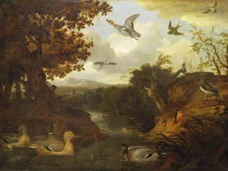 Enten und andere Vögel an einem Bach in einer italienischen Landschaft
