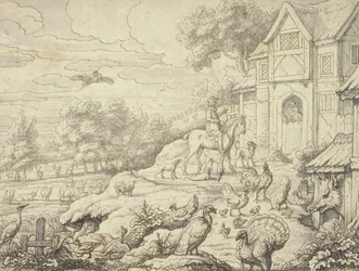 Bauernhof mit Figuren und Landschaftshintergrund