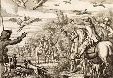 Reiherjagd, graviert von Wenceslaus Hollar, 1671