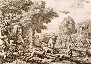 Otterjagd an einem Fluss, graviert von Wenceslaus Hollar, 1671