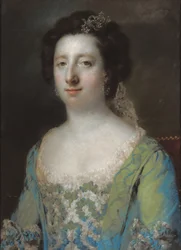 Porträt von Mrs. Bridget Gunning, halbfigurig, in einem blauen Rüschkleid, 1758