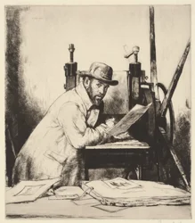 Porträt von Muirhead Bone, lehnend auf einer Radierpresse