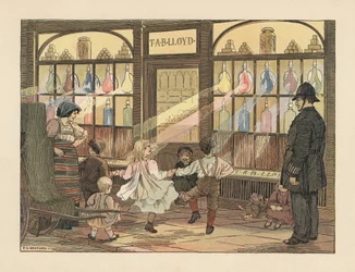 Viktorianische Kinder tanzen vor einem Apothekerladen, während ein Polizist zusieht. Chromolithographie nach einer Illustration von Francis Donkin Bedford aus Edward Verrall Lucas