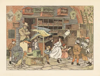 Viktorianische Kinder spielen mit Papageien und Kakadus im Geschäft eines Vogelhändlers oder in einer Tierhandlung. Chromolithografie nach einer Illustration von Francis Donkin Bedford aus Edward Verrall Lucas