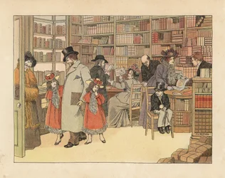 Viktorianische Kunden in einer Buchhandlung. Chromolithographie nach einer Illustration von Francis Dorkin Bedford aus Edward Verrall Lucas