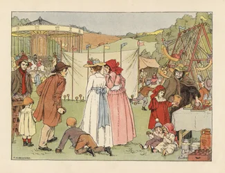 Viktorianische Jugendliche bei einem Kokosnussstand, Kinder auf Schaukeln und Karussell auf einem Dorffest. Chromolithographie nach einer Illustration von Francis Donkin Bedford aus Edward Verrall Lucas
