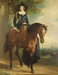 Porträt von Königin Victoria zu Pferd, mit Windsor Castle, dem Herzog von Wellington und der Household Brigade im Hintergrund