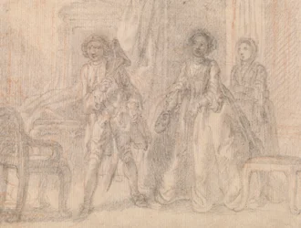 Szene aus einem Stück, möglicherweise Benjamin Hoadleys "The Suspicious Husband"