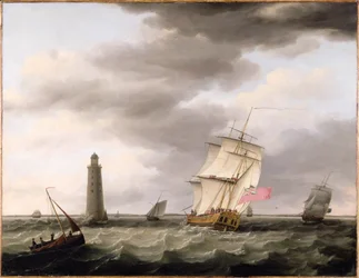 Ein Kriegsschiff passiert den Eddystone-Leuchtturm, ca. 1773