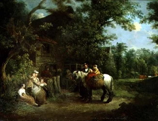 Landvolk vor einer rustikalen Taverne