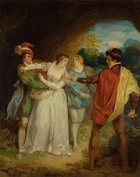 Valentin rettet Silvia vor Proteus, aus Shakespeares "Die zwei Herren aus Verona," Akt V, Szene 4, die Höhle der Gesetzlosen