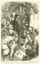 Als er die Tür der Abteikirche betrat, war dort ein armer Mann, dem er seine Geldbörse zuwarf