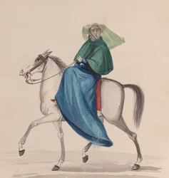 Elegant gekleidete Frau zu Pferd, aus einer Gruppe von Zeichnungen, die Peruaner darstellen, ca. 1848