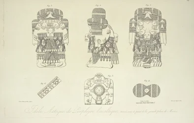 Aztekisches Idol aus basaltischem Porphyr, gefunden unter der Grand Plaza von Mexiko-Stadt, graviert von Cloquet, Illustration aus 