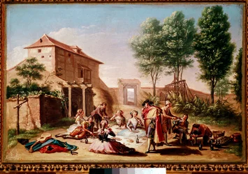 Mittagessen auf dem Land: junge Leute des Bürgertums beim Picknick. Gemälde von Francisco Bayeu y Subías