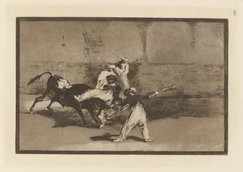 Ein Maure wird in der Arena vom Stier gefangen, Platte 8 aus La tauromaquia
