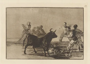 Desjarrete de la canalla con lanzas, medias-lunas, banderillas y otras armas (Der Pöbel lähmt den Stier mit Lanzen, Sicheln, Banderillas und anderen Waffen), Platte 12 aus La tauromaquia