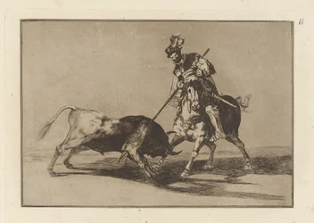 El Cid Campeador speert einen weiteren Stier, Platte 11 aus La tauromaquia