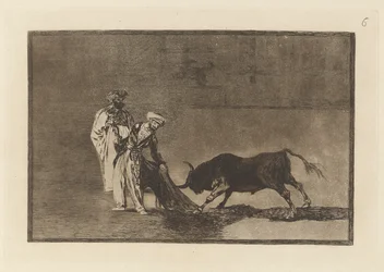 Die Mauren führen auf dem Platz mit ihrem Burnus ein anderes Capeo vor, Tafel 6 aus La tauromaquia