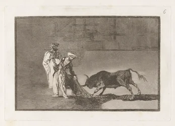 Die Mauren führen auf dem Platz ein anderes Capeo aus und locken den Stier mit ihrem Burnus, Tafel 6 aus La tauromaquia