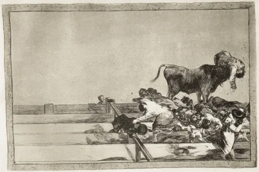 Schreckliche Ereignisse in den vorderen Reihen des Rings in Madrid und der Tod des Bürgermeisters von Torrejon im Jahr 1801. 1816. Platte 21 aus „Die Kunst des Stierkampfs“. Radierung.