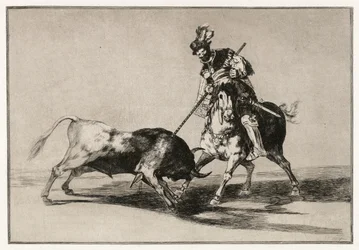 Der Cid Campeador greift einen Stier mit seiner Lanze an