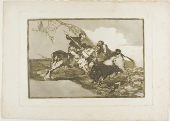 Die Art und Weise, wie die alten Spanier Stiere zu Pferd auf freiem Feld jagten, Platte eins aus Die Kunst des Stierkampfs