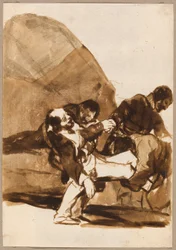 Drei Männer tragen einen verwundeten Soldaten, aus den Bildern Spaniens, Album F