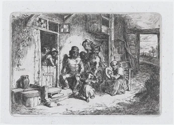 Tafel 10: zwei Figuren tanzen, eine andere sitzt und spielt eine Trommel, aus der Serie von Bräuchen