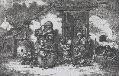 Tafel 19: eine Familie und ein Junge spielen mit einem Hund vor einem Haus, aus der Serie der Bräuche